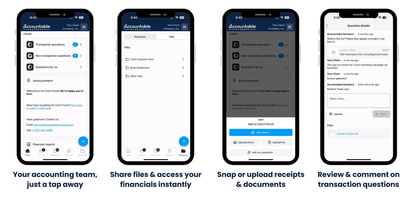 Client Portal app screens: your accounting team, just a tap away; share files and access your financials instantly; snap or upload receipts and documents; review and comment on transaction questions