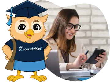 Penny, the AccountableU owl mascot, beside a woman using a calculator