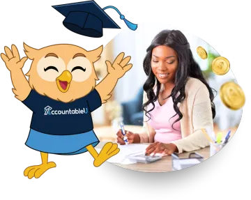Penny, the AccountableU owl mascot, cheering beside a woman reviewing her finances