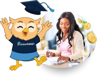 Penny, the AccountableU owl mascot, waving beside a woman reviewing her finances