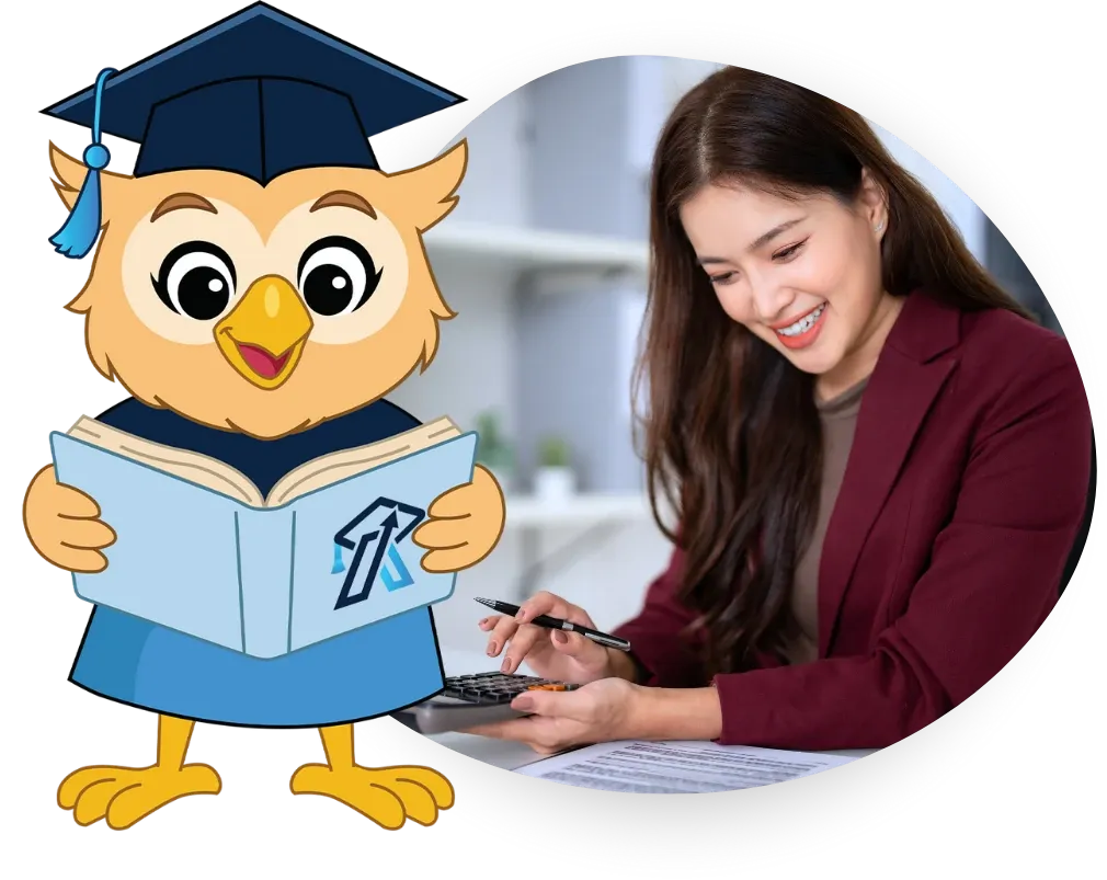 Penny, the AccountableU owl mascot, reading beside a woman working on her finances
