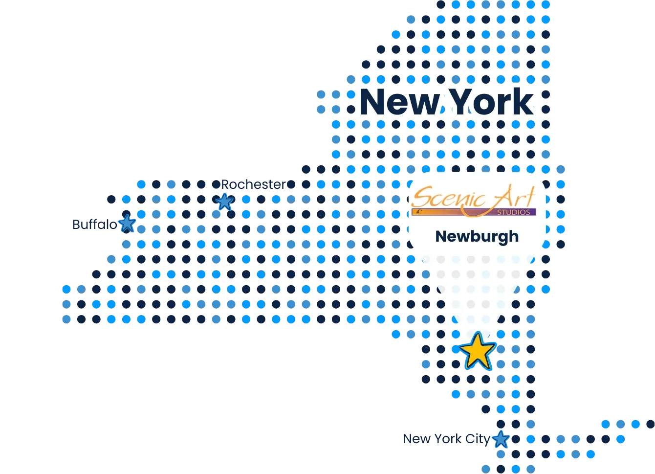 Map of New York State marking Scenic Art Studios in Newburgh, with Buffalo, Rochester and New York City